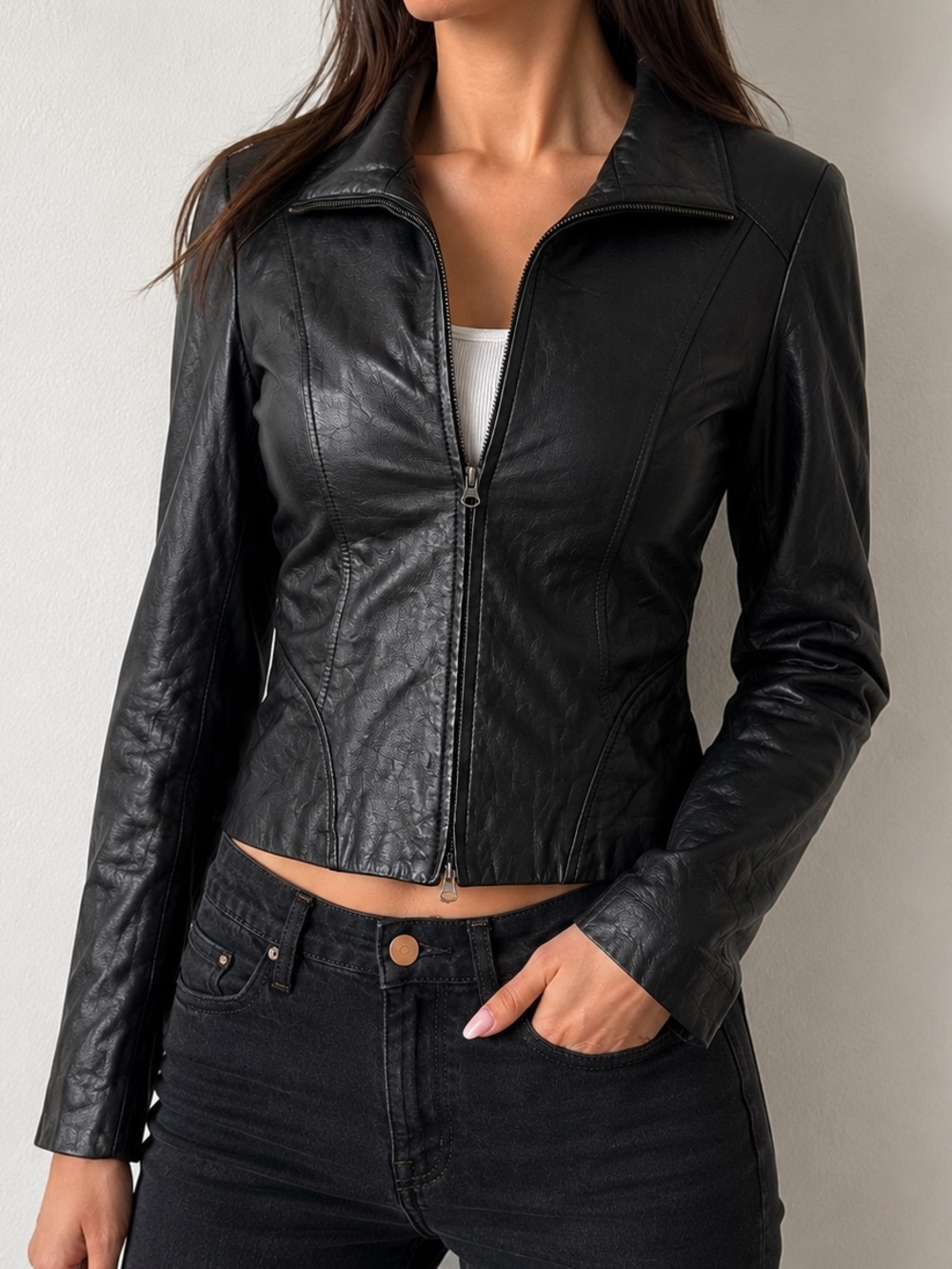 Danier Black Leather Jacket Womens S Fitted Zip Up Minimalist 2000s